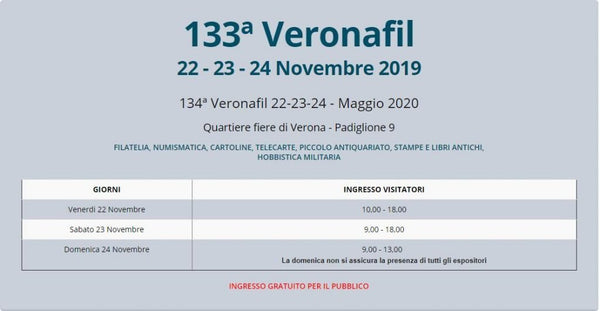 Mailing List 089 Vi aspetto tutti al Veronafil 2019 22 - 23 Novembre 2019 Presso il Centro Fiere a Verona - Numismatica Leonessa