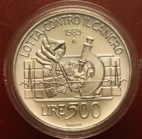 NL* ITALY 500 Lire Silver 1989 FIGHT AGAINST CANCER UNC Uncirculated