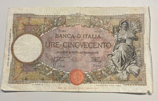 NL* BANCA D'ITALIA Banknote 500 LIRE REAPER 23 AUGUST 1943 RRR R3 7010 B303
