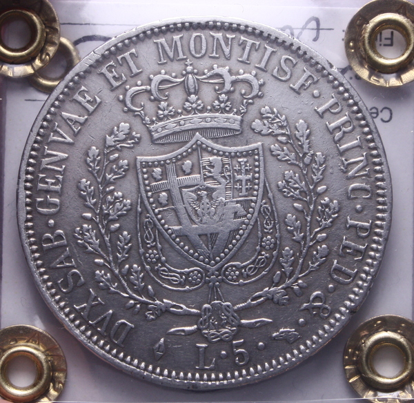 NL* CARLO FELICE 5 LIRE ARGENTO 1826 TORINO BB/SPL Perizia Filisina Massimo