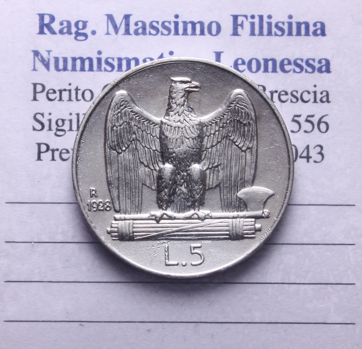 NL* VEIII Italia 5 Lire ARGENTO AQUILOTTO 1928 RARA * 1 rosetta come da foto