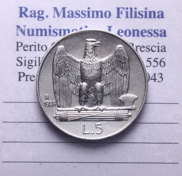 NL* VEIII Italia 5 Lire ARGENTO AQUILOTTO 1928 RARA * 1 rosetta come da foto