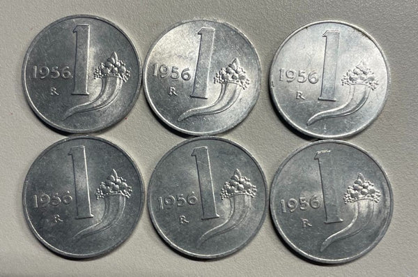 NL*Italia Repubblica 1 LIRA CORNUCOPIA 1956 lotto composto da 6 pezzi come foto