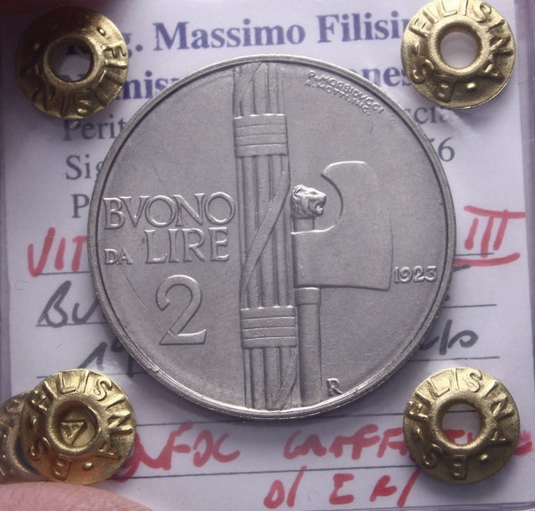 NL* VEIII BUONO DA 2 LIRE FASCIO 1923 QFDC graffietti Perizia Filisina Massimo