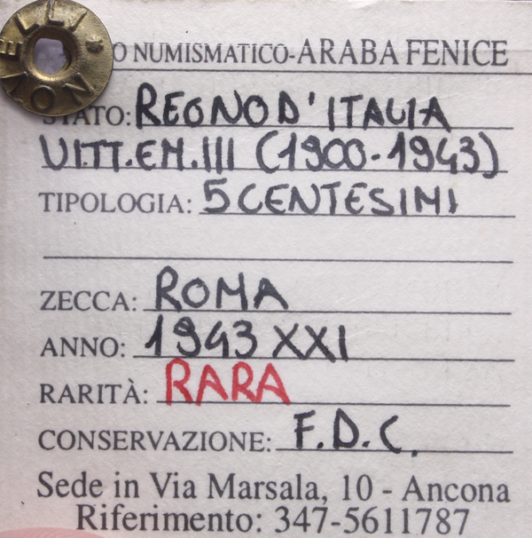 NL*VEIII 5 CENTESIMI BRONZITAL IMPERO 1943 XXI RARA FDC Perizia Novelli Alessio