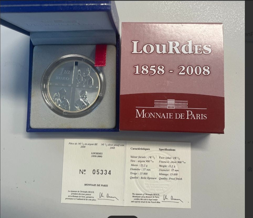 NL* FRANCIA MDP 1 1/2 EURO ARGENTO 2008 LOURDES PROOF set 15000 Pezzi coniati