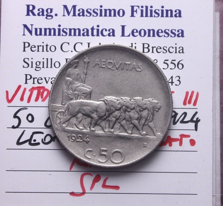 NL* VEIII 50 Centesimi Leoni 1924 Contorno RIGATO R2 SPL Perizia Filisina M.
