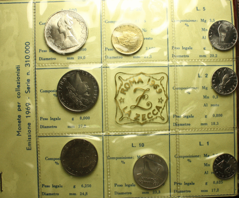 NL* ITALIA Divisionale 1969 CON 500 Lire ARGENTO CARAVELLE FDC SET Zecca