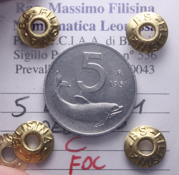 NL* Italia Repubblica 5 LIRE DELFINO 1951 FDC Perizia Filisina Massimo