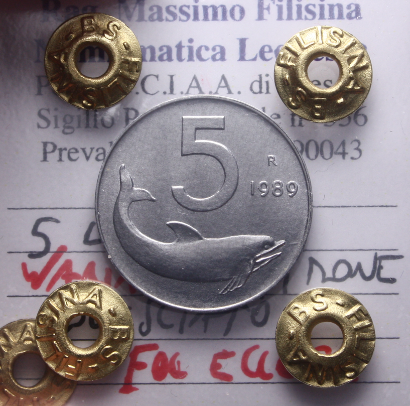 NL* Italia Repubblica 5 LIRE DELFINO 1989 T. ROVESCIATO FDC ECC Perizia Filisina