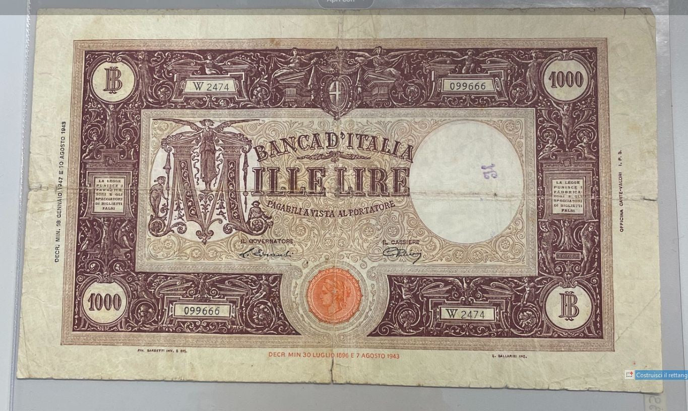 NL* BANCA D'ITALIA Banconota 1000 LIRE BARBETTI M GRANDE 18 GENNAIO 1947 W2474