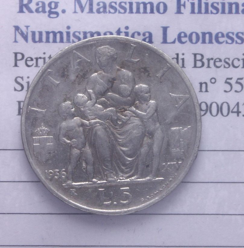 NL* VEIII 5 LIRE ARGENTO FECONDITA' 1936 XIV Eccellente conservazione *1