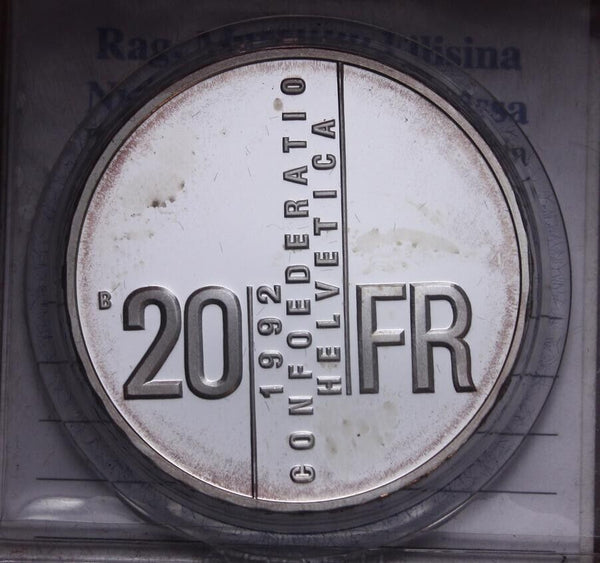 NL* SWITZERLAND CONFEDERATION 20 Francs Silver 1992 GERTRUD KURZ PROOF Porthole prot