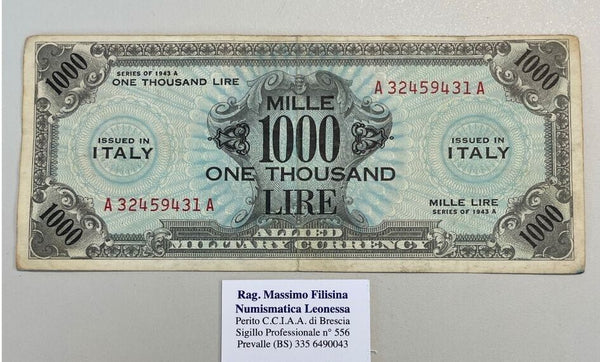 NL* ITALY Banknote MILITARY OCCUPATION 1000 AM LIRE 1943 A Bilingual *431A