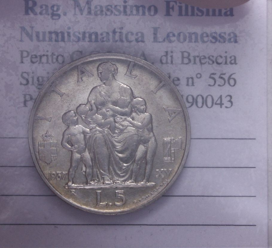 NL* VEIII 5 LIRE ARGENTO FECONDITA' 1937 XV RARA Eccellente conservazione * 2