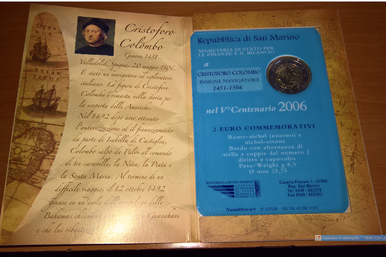 NL* SAN MARINO 2 Euro 2006 CRISTOFORO COLOMBO FDC SET ZECCA
