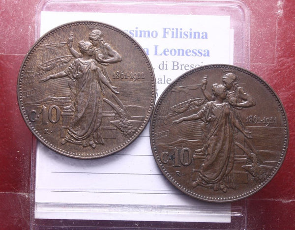 NL* VEIII RE D'ITALIA Lotto 2 pezzi 10 CENTESIMI 1911 CINQUANTENARIO SUPER cons.