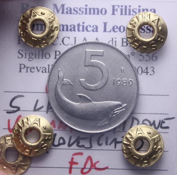 NL* Italia Repubblica 5 LIRE DELFINO 1989 TIMONE ROVESCIATO FDC Perizia Filisina
