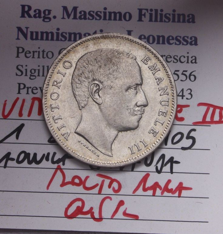 NL* VEIII 1 LIRA ARGENTO AQUILA SABAUDA 1905 R2 Q.SPL Perizia Filisina Massimo