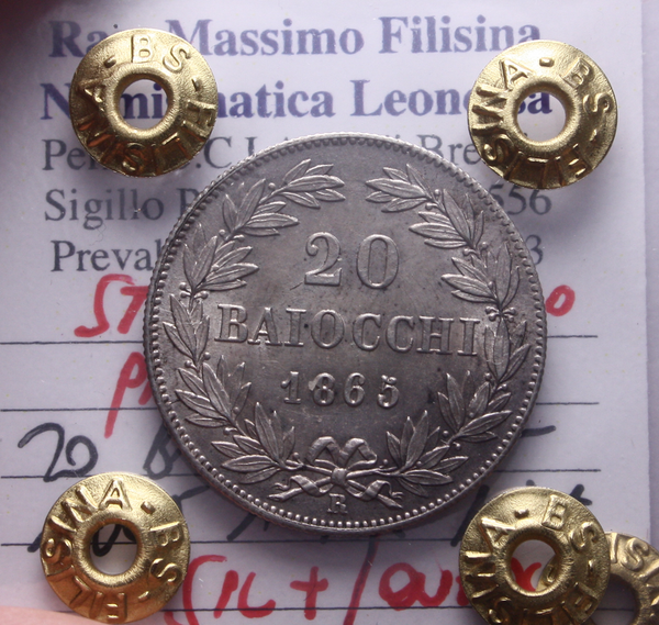 NL* STATO PONTIFICIO PIO IX 20 BAIOCCHI Argento 1865 SPL+/QFDC Perizia Filisina
