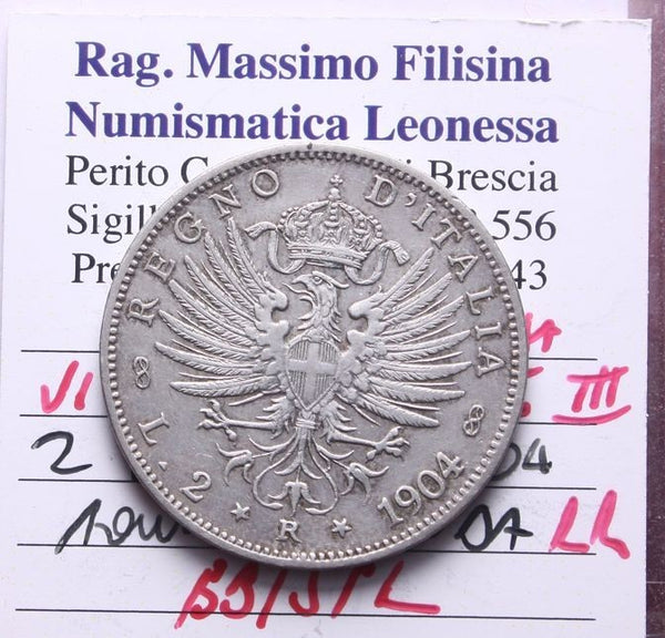 NL* VEIII 2 LIRE ARGENTO 1904 AQUILA Sabauda RR R2 BB/SPL  Perizia Filisina M.