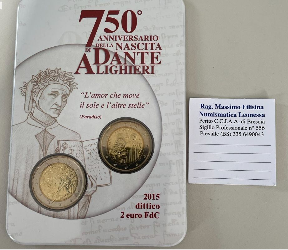 NL* ITALIA Repubblica DITTICO 2 EURO 2015 DANTE ALIGHIERI Fdc blister zecca