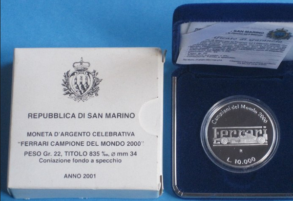 NL* San Marino 10000 Lire Argento 2001 FERRARI CAMPIONE DEL MONDO PROOF set ZECC