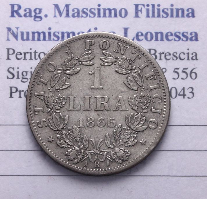 NL* STATO PONTIFICIO PAPA PIO IX 1 Lira Argento 1866 XXI MOLTO RARA e ottima