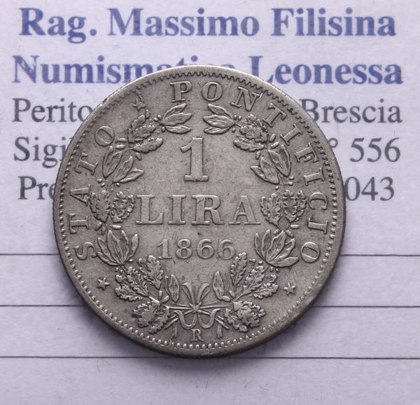 NL* STATO PONTIFICIO PAPA PIO IX 1 Lira Argento 1866 XXI MOLTO RARA e ottima