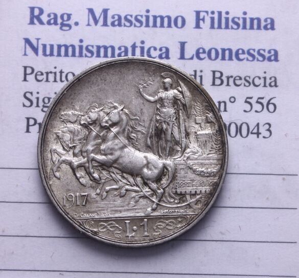 NL* VIII Italy 1 LIRA SILVER 1917 QUADRIGA BRIOSA SUPER as per photos