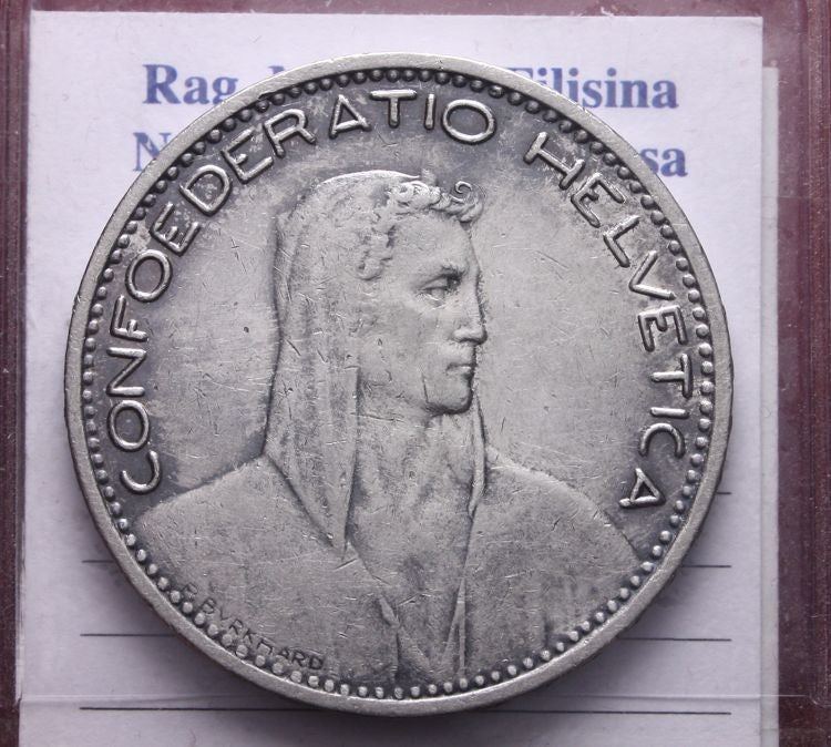 NL* SVIZZERA HELVETIA SUISSE 5 FRANCHI ARGENTO SILVER  1923 zecca di Berna