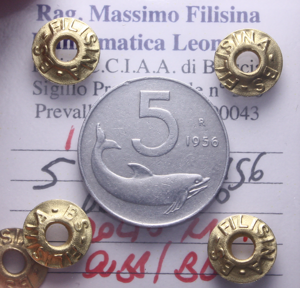 NL* Italia Repubblica 5 LIRE DELFINO 1956 MOLTO RARA QBB/BB Perizia Filisina