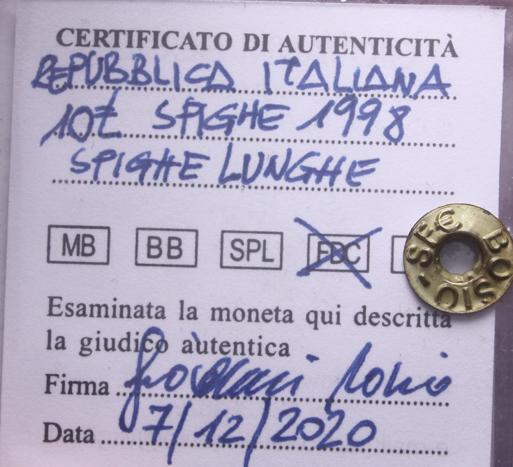 NL* Italia Repubblica 10 LIRE SPIGHE ARATRO 1998 SPIGHE LUNGHE FDC Perizia Bosio