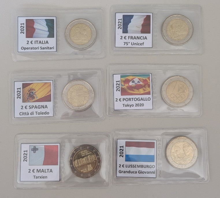 NL* EUROPA Lotto 6 MONETE da 2 EURO 2021 ITA FRA ESP PRT MLT LUX fdc come foto
