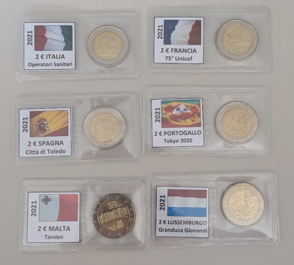 NL* EUROPA Lotto 6 MONETE da 2 EURO 2021 ITA FRA ESP PRT MLT LUX fdc come foto