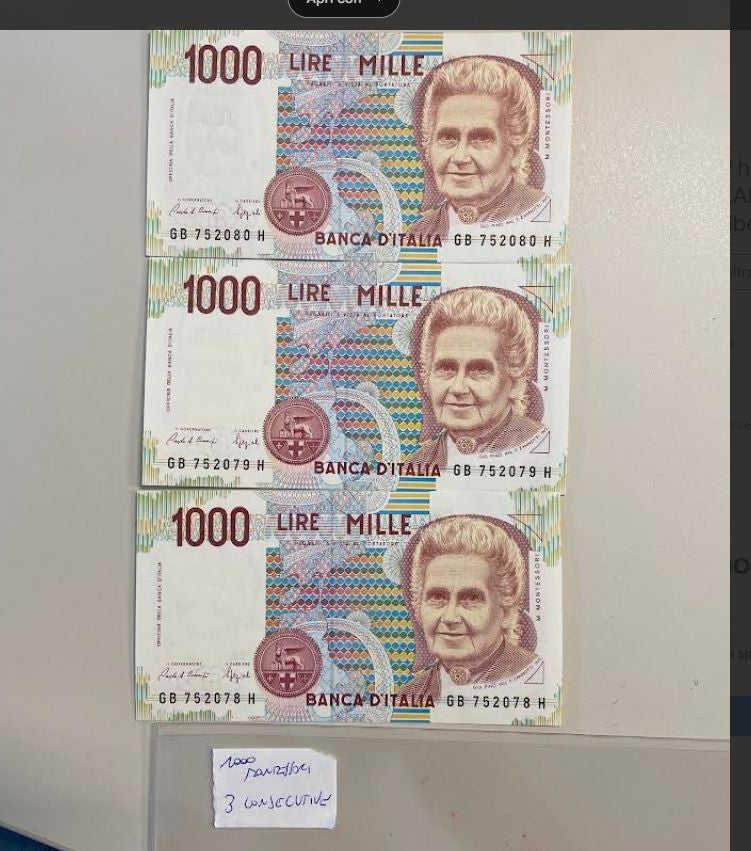 NL*BANCA D' ITALIA lotto 3 BANCONOTE 1000 Lire MONTESSORI CONSECUTIVE FDS