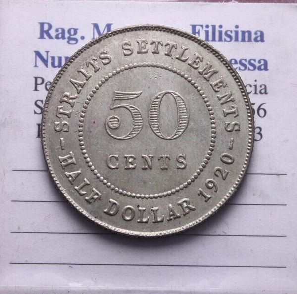 NL* INDIA George V HALF DOLLAR 50 CENTS Silver 1920 STRAITS SETTLEMENTS