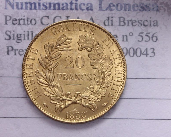 NL* FRANCIA Seconda Repubblica MARENGO 20 FRANCHI ORO GOLD 1850 A PARIGI - UNC.