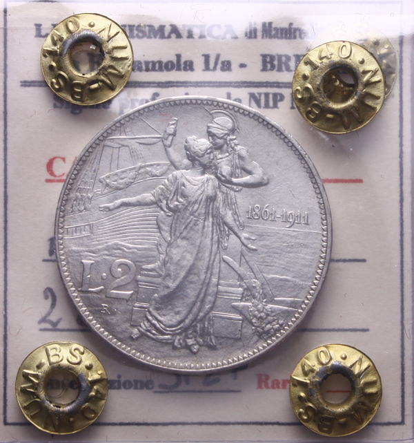 NL* VEIII RE D'ITALIA 2 Lire ARGENTO 1911 CINQUANTENARIO SPL+ Perizia Manfredini