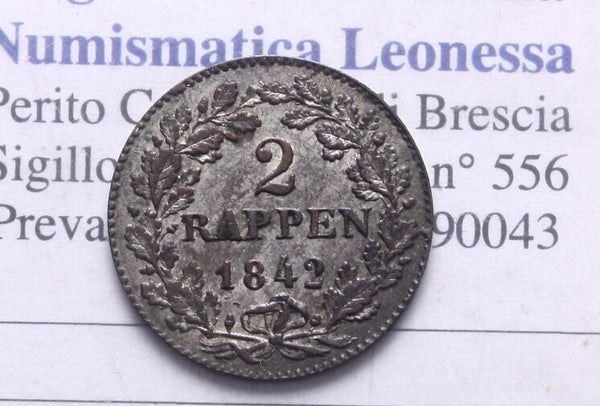 NL* SWITZERLAND ZURICH CANTON ZURICH 2 RAPPEN 1842 rare and in excellent condition