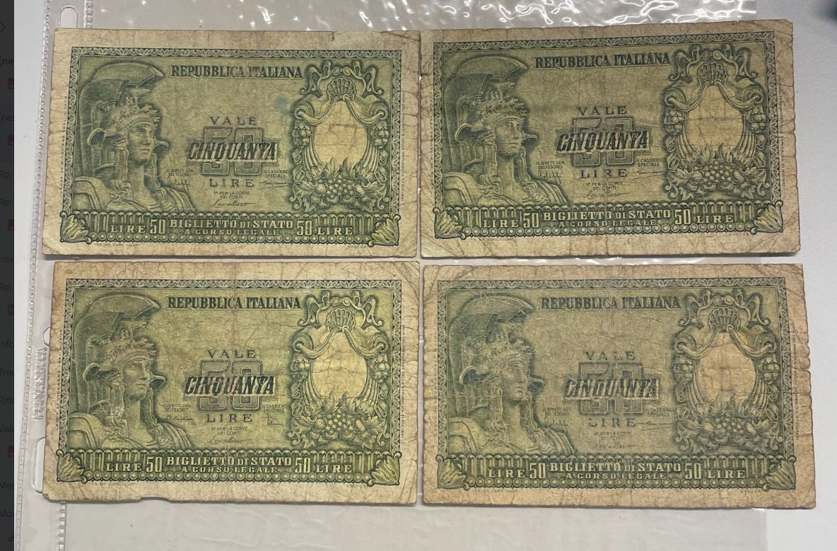 NL* ITALIA LOTTO 4 pezzi da BIGLIETTO DI STATO DA 50 LIRE TESTA Elmata come foto