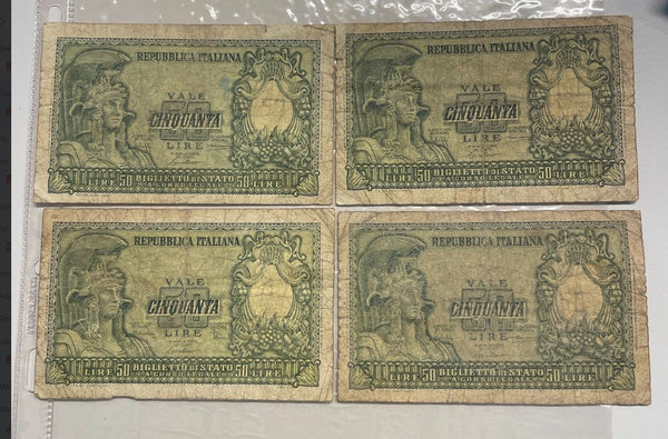 NL* ITALIA LOTTO 4 pezzi da BIGLIETTO DI STATO DA 50 LIRE TESTA Elmata come foto