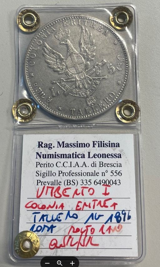 NL* UMBERTO I ERITREA TALLERO 5 Lire Argento 1896 R2 QSPL/SPL Perizia Filisina M