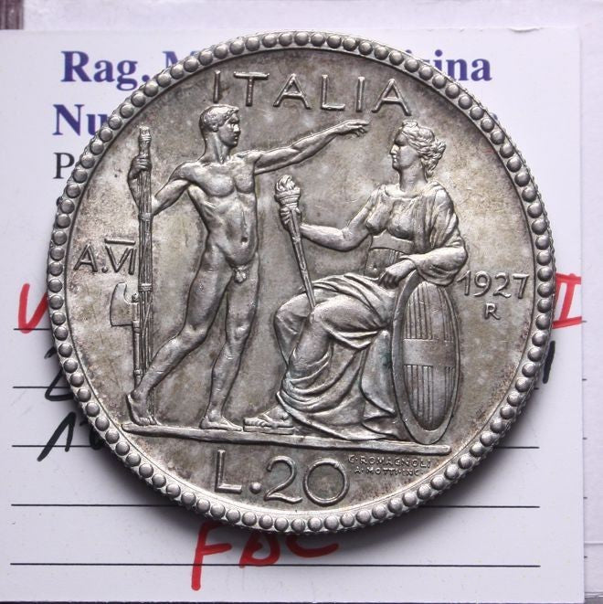 NL* VEIII 20 LIRE ARGENTO LITTORE 1927 VI NC FDC Perizia Filisina Massimo