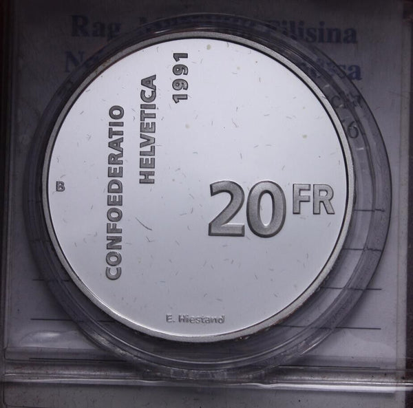 NL* SWITZERLAND CONFEDERATION 20 Francs Silver 1991 700th Confederation PROOF OB
