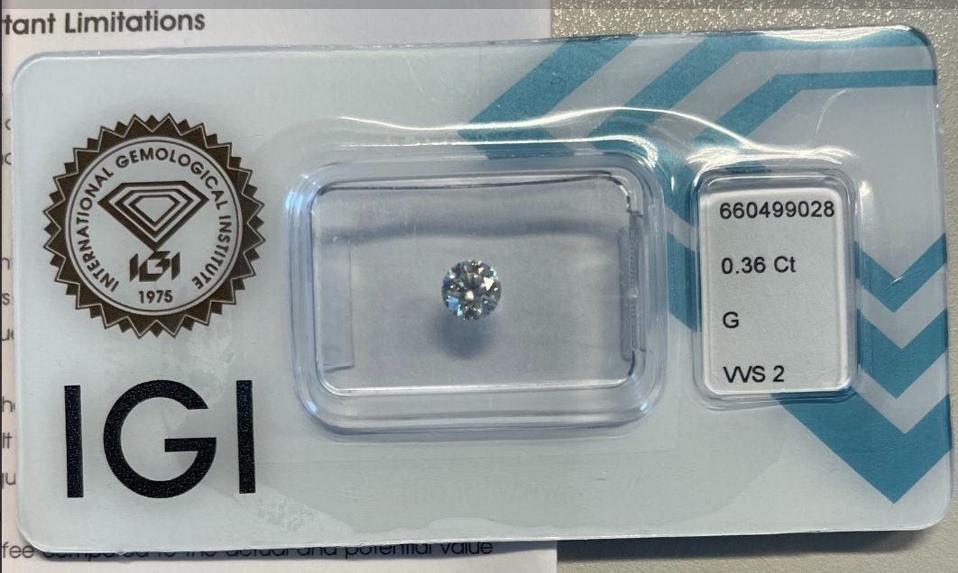 NL* DIAMANTE NATURALE Certificato IGI 0.36 CARATI Colore G VVS2 TRIPLA Excellent