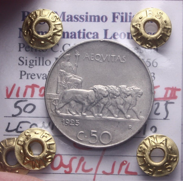 NL* VEIII 50 CENTESIMI LEONI CONTORNO LISCIO 1925 QSPL/SPL Perizia Filisina