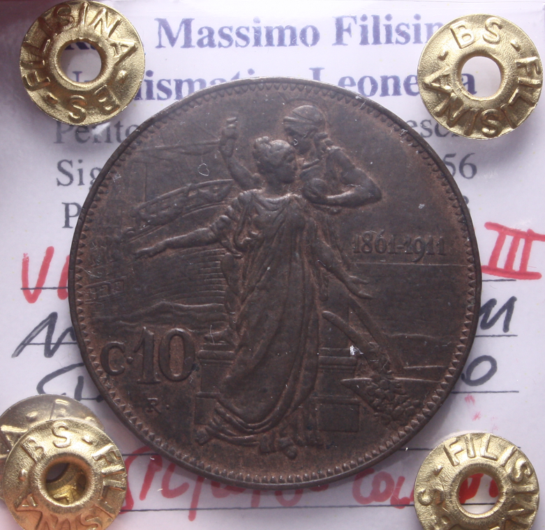 NL* VEIII Italia 10 CENTESIMI CINQUANTENARIO 1911 SPL/QFDC C. Perizia Filisina