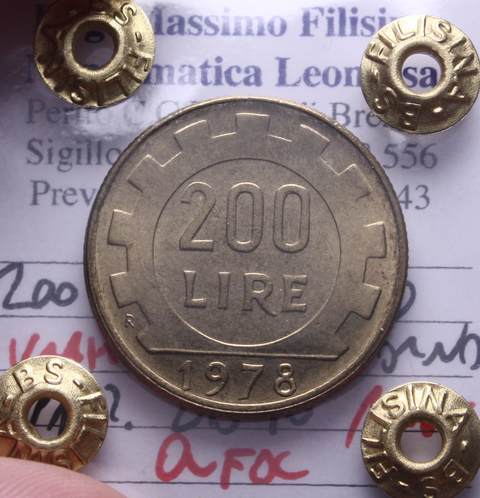 NL* Italia 200 LIRE 1978 CONTORNO PARZ LISCIO RARA QFDC Perizia Filisina Massimo