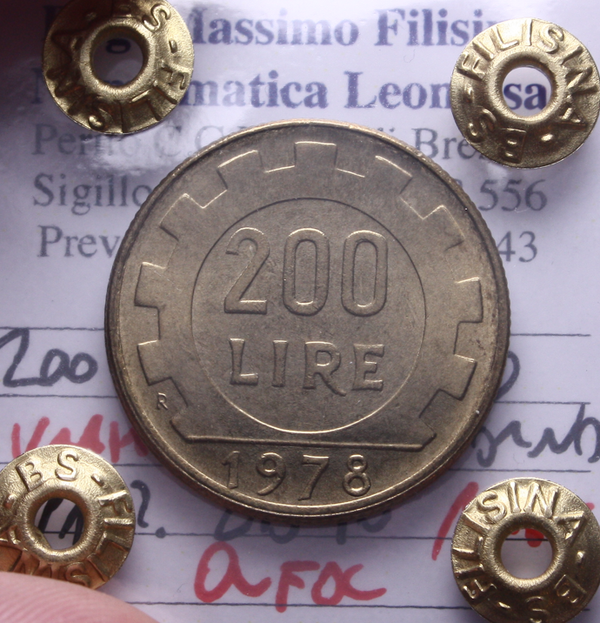 NL* Italia 200 LIRE 1978 CONTORNO PARZ LISCIO RARA QFDC Perizia Filisina Massimo